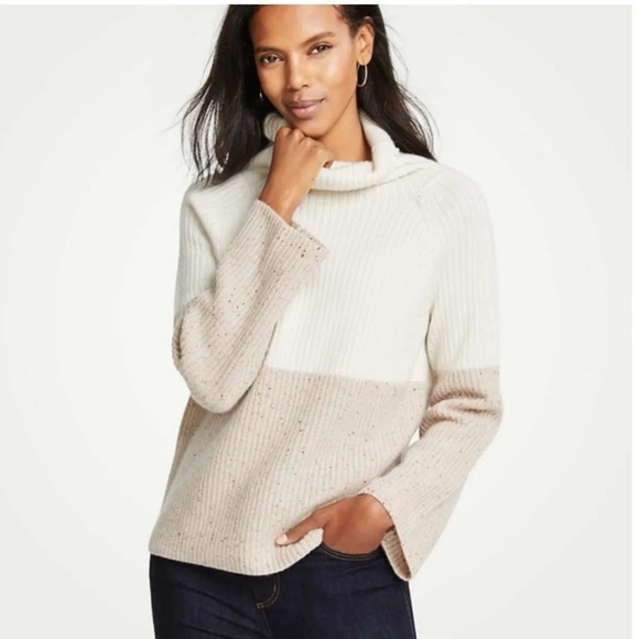 Ann Taylor 100%Cashmere Oversized Neutral ColorBlock Sweater - Picture 1 of 10